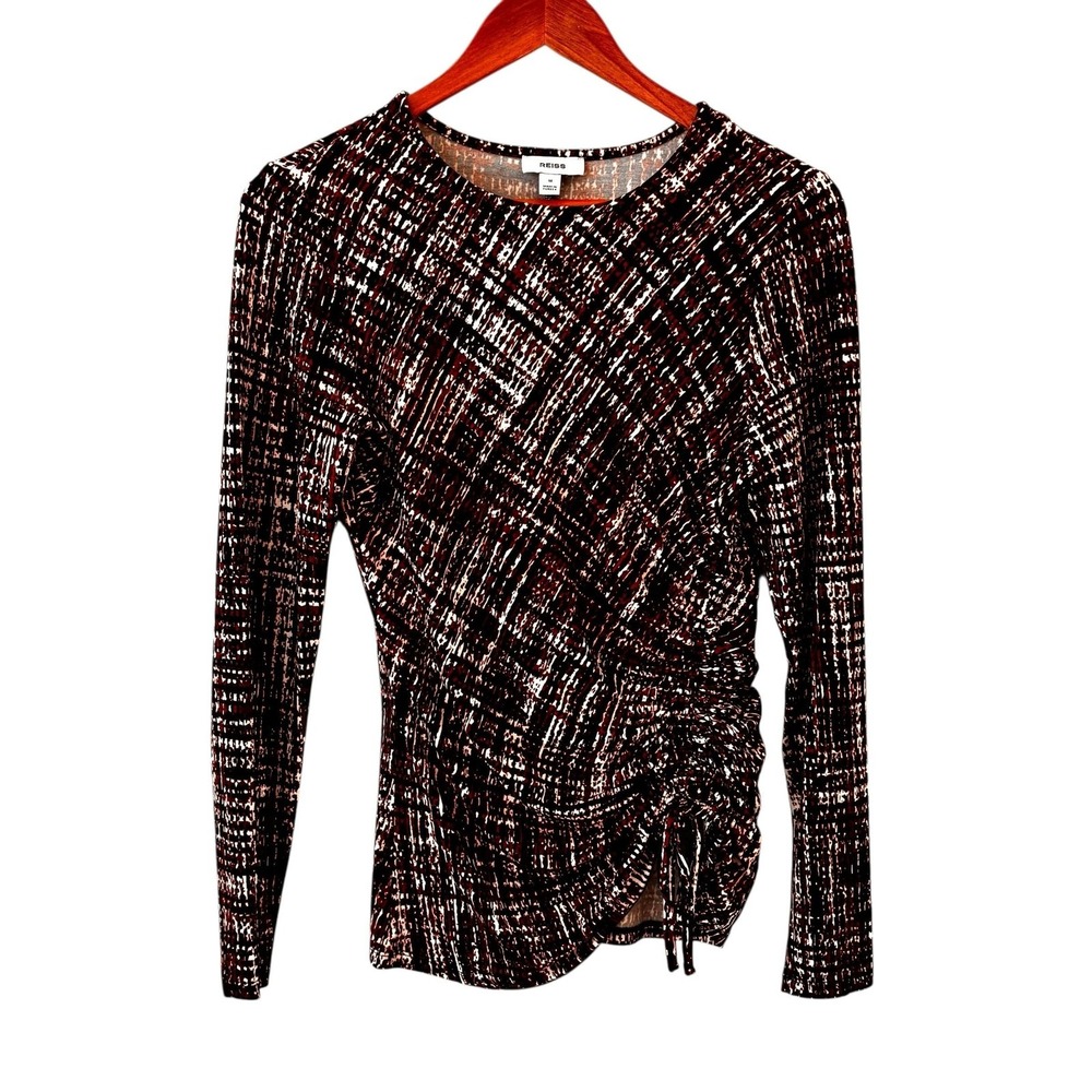 Reiss‎ Abstract Ruched Jersey Top Womens Size M Long Sleeve Office Work Blouse